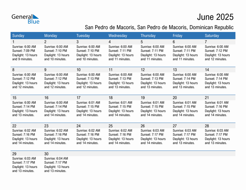 San Pedro de Macoris June 2025 sunrise and sunset calendar in PDF, Excel, and Word