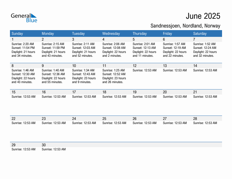 Sandnessjoen June 2025 sunrise and sunset calendar in PDF, Excel, and Word