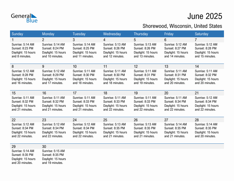 Shorewood June 2025 sunrise and sunset calendar in PDF, Excel, and Word