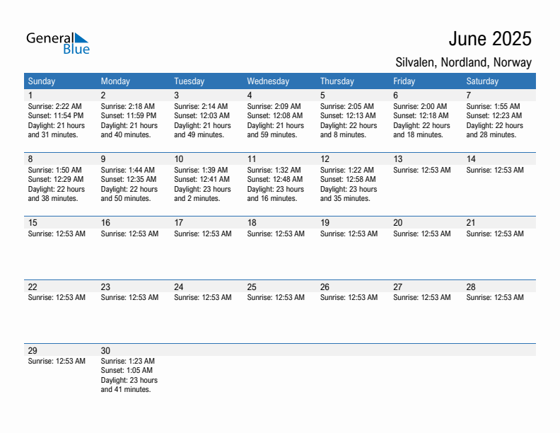 Silvalen June 2025 sunrise and sunset calendar in PDF, Excel, and Word