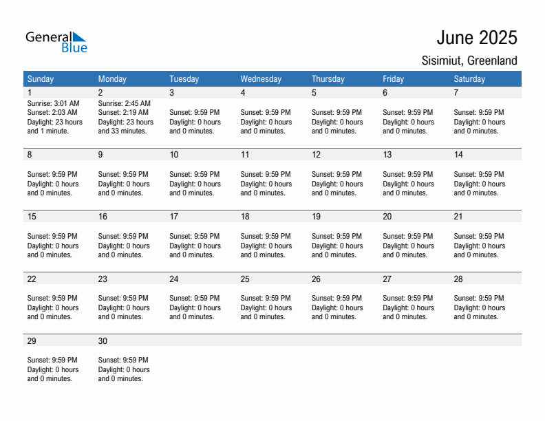 Sisimiut June 2025 sunrise and sunset calendar in PDF, Excel, and Word