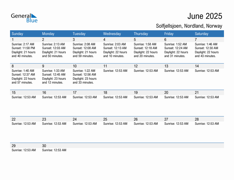 Solfjellsjoen June 2025 sunrise and sunset calendar in PDF, Excel, and Word