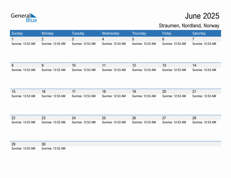 Straumen June 2025 sunrise and sunset calendar in PDF, Excel, and Word