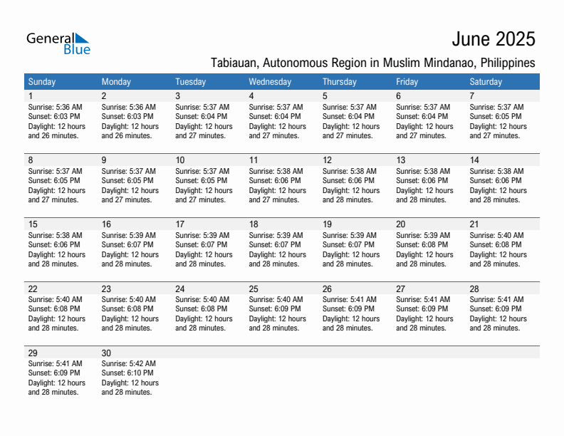 Tabiauan June 2025 sunrise and sunset calendar in PDF, Excel, and Word