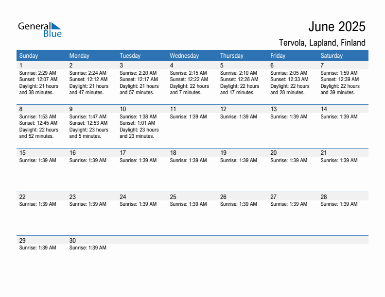 Tervola June 2025 sunrise and sunset calendar in PDF, Excel, and Word