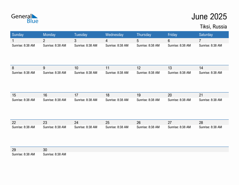 Tiksi June 2025 sunrise and sunset calendar in PDF, Excel, and Word