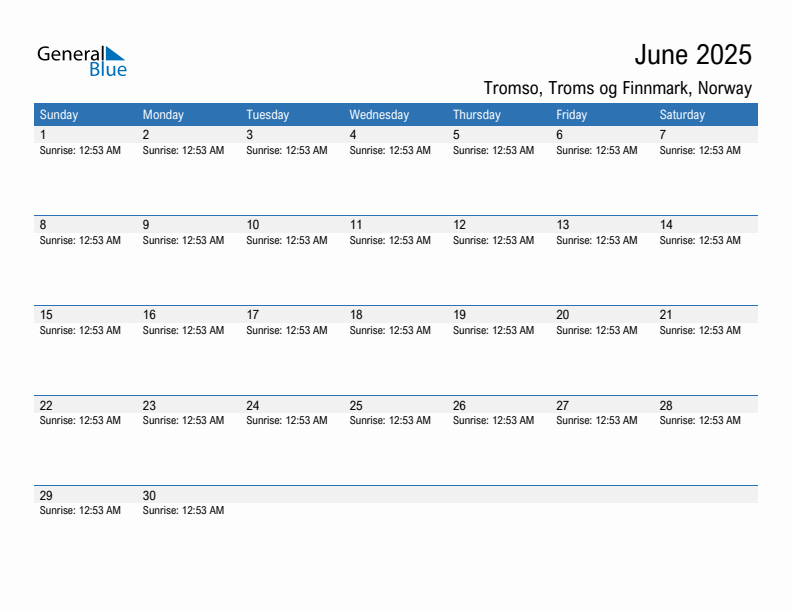 Tromso June 2025 sunrise and sunset calendar in PDF, Excel, and Word