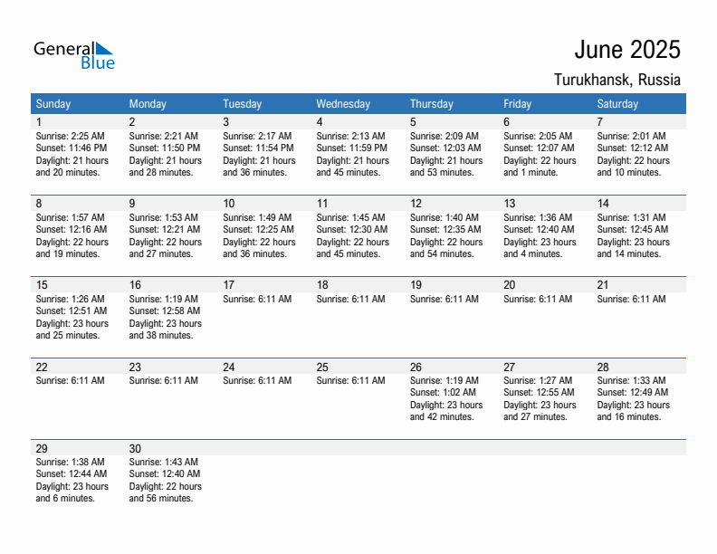 Turukhansk June 2025 sunrise and sunset calendar in PDF, Excel, and Word