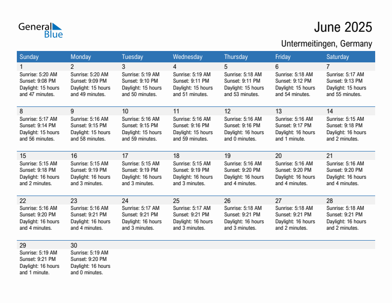 Untermeitingen June 2025 sunrise and sunset calendar in PDF, Excel, and Word