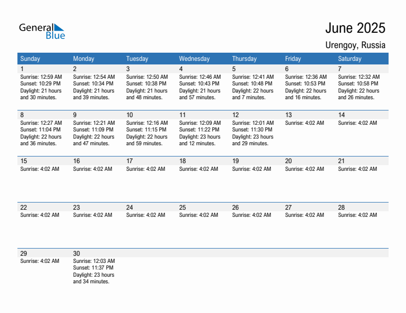 Urengoy June 2025 sunrise and sunset calendar in PDF, Excel, and Word