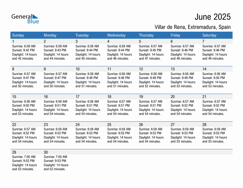 Villar de Rena June 2025 sunrise and sunset calendar in PDF, Excel, and Word