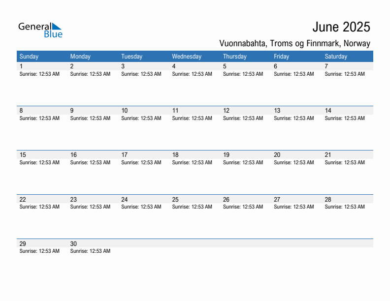 Vuonnabahta June 2025 sunrise and sunset calendar in PDF, Excel, and Word