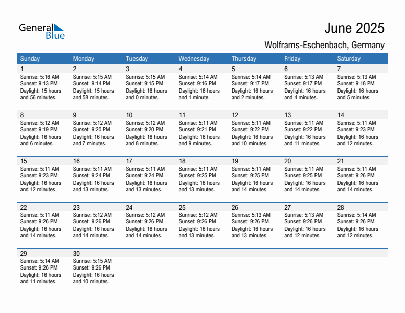 Wolframs-Eschenbach June 2025 sunrise and sunset calendar in PDF, Excel, and Word