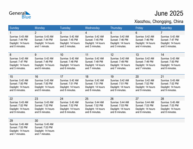 Xiaozhou June 2025 sunrise and sunset calendar in PDF, Excel, and Word