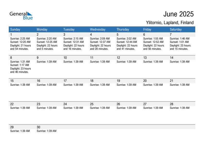 Ylitornio June 2025 sunrise and sunset calendar in PDF, Excel, and Word