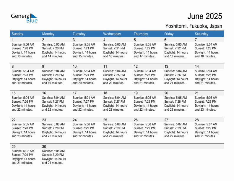 Yoshitomi June 2025 sunrise and sunset calendar in PDF, Excel, and Word