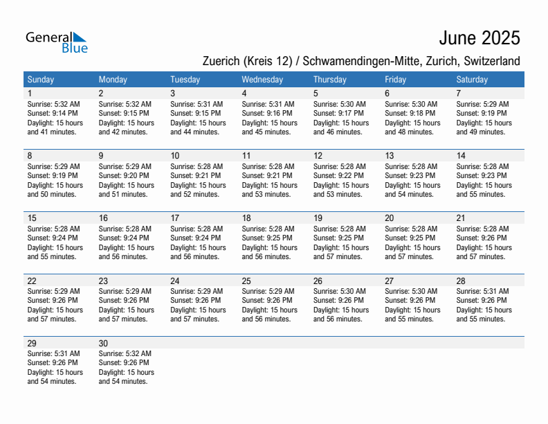 Zuerich (Kreis 12) / Schwamendingen-Mitte June 2025 sunrise and sunset calendar in PDF, Excel, and Word