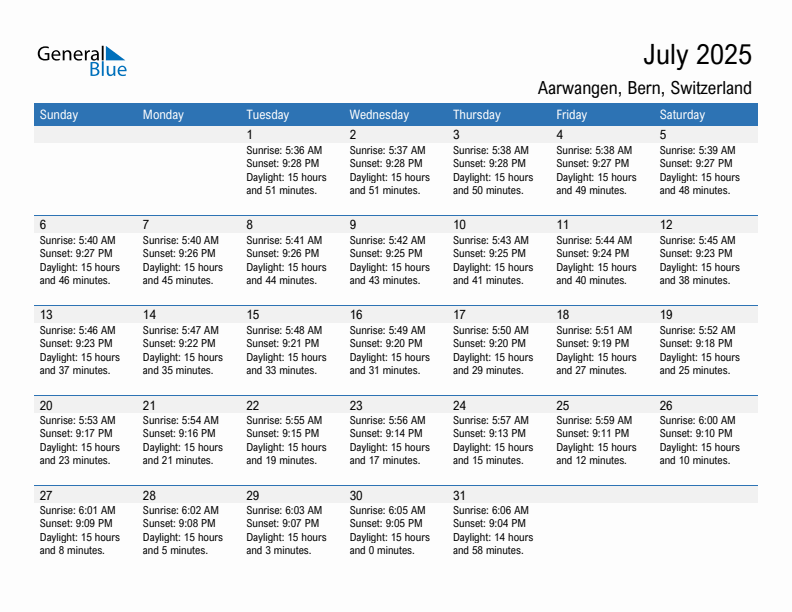 Aarwangen July 2025 sunrise and sunset calendar in PDF, Excel, and Word