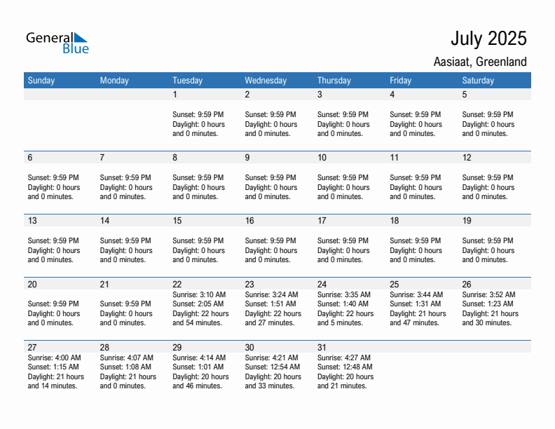 Aasiaat July 2025 sunrise and sunset calendar in PDF, Excel, and Word