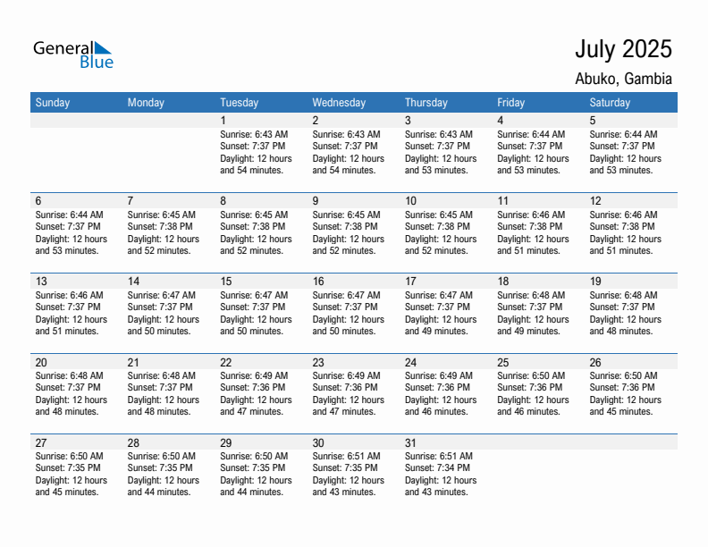 Abuko July 2025 sunrise and sunset calendar in PDF, Excel, and Word