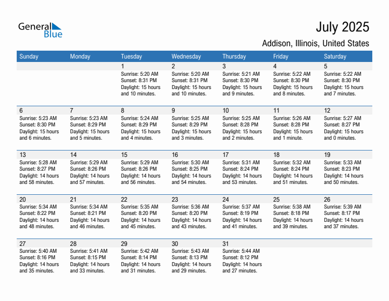 Addison July 2025 sunrise and sunset calendar in PDF, Excel, and Word