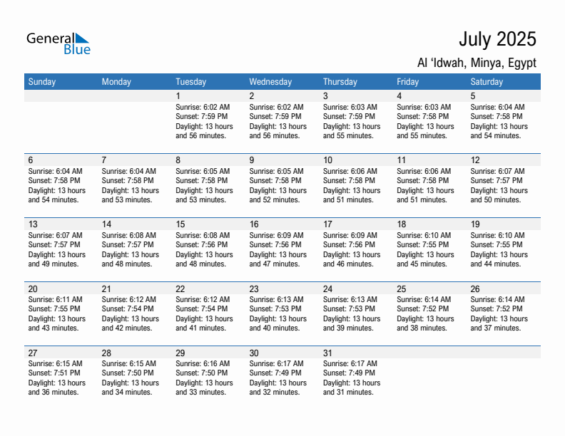 Al 'Idwah July 2025 sunrise and sunset calendar in PDF, Excel, and Word