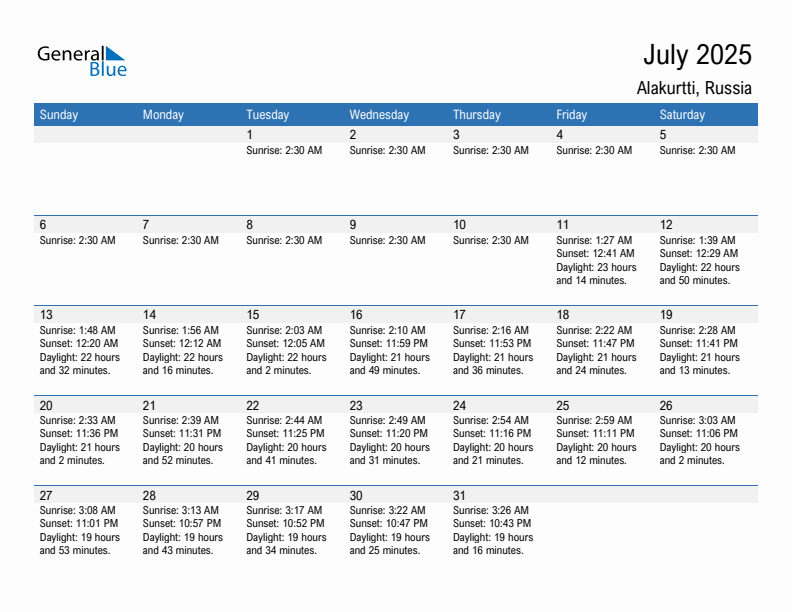 Alakurtti July 2025 sunrise and sunset calendar in PDF, Excel, and Word