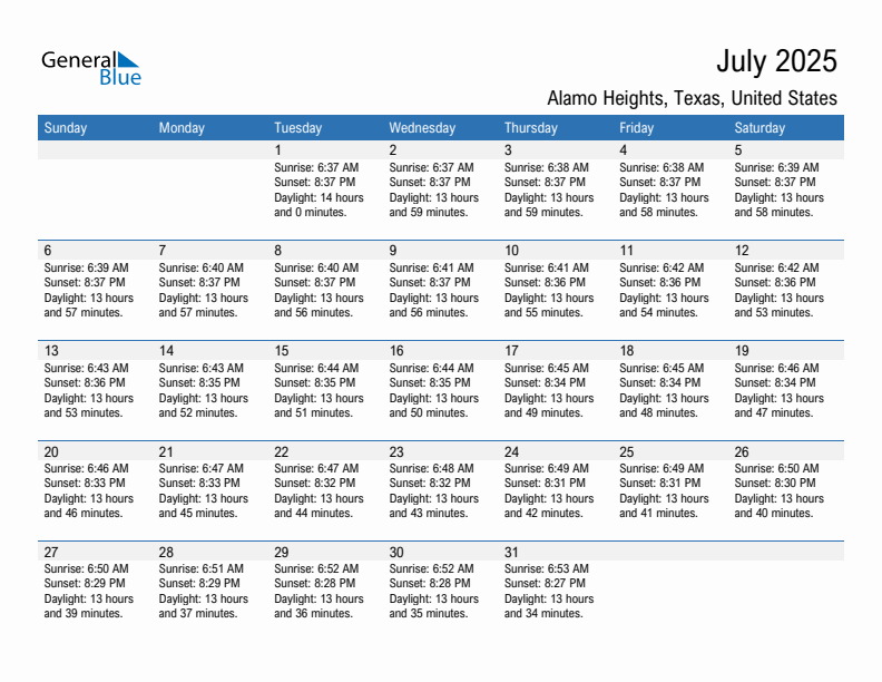 Alamo Heights July 2025 sunrise and sunset calendar in PDF, Excel, and Word