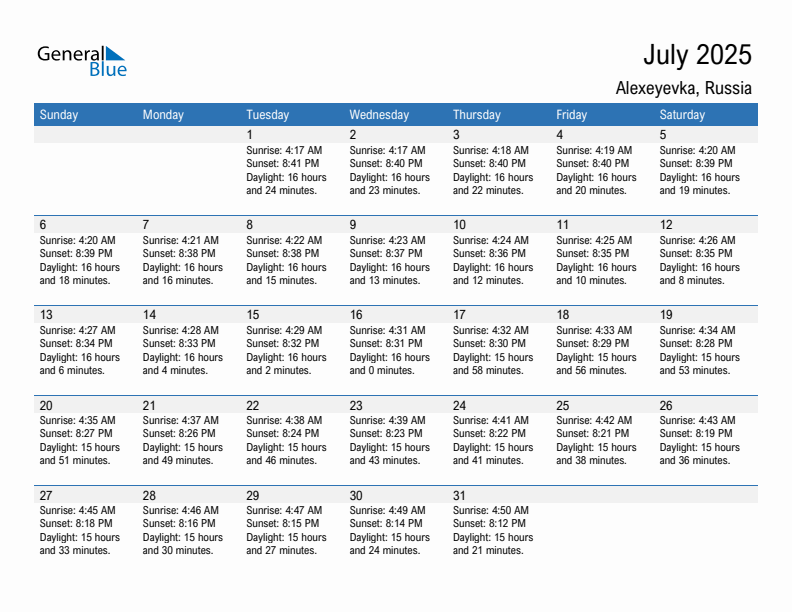 Alexeyevka July 2025 sunrise and sunset calendar in PDF, Excel, and Word