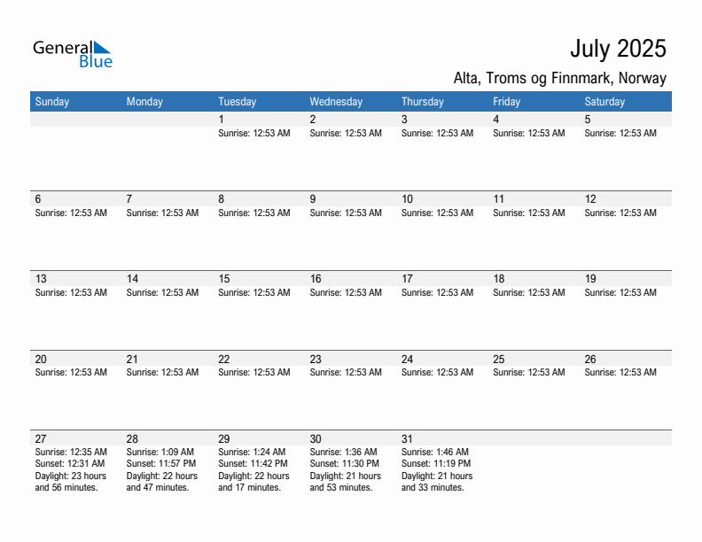 Alta July 2025 sunrise and sunset calendar in PDF, Excel, and Word