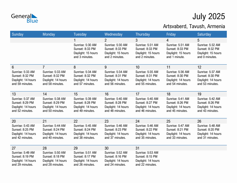 Artsvaberd July 2025 sunrise and sunset calendar in PDF, Excel, and Word