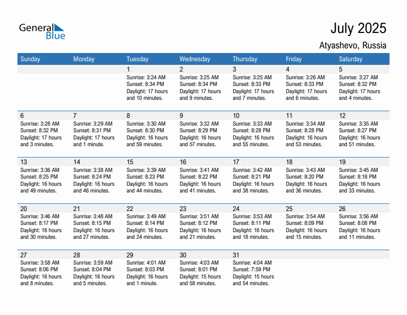 Atyashevo July 2025 sunrise and sunset calendar in PDF, Excel, and Word