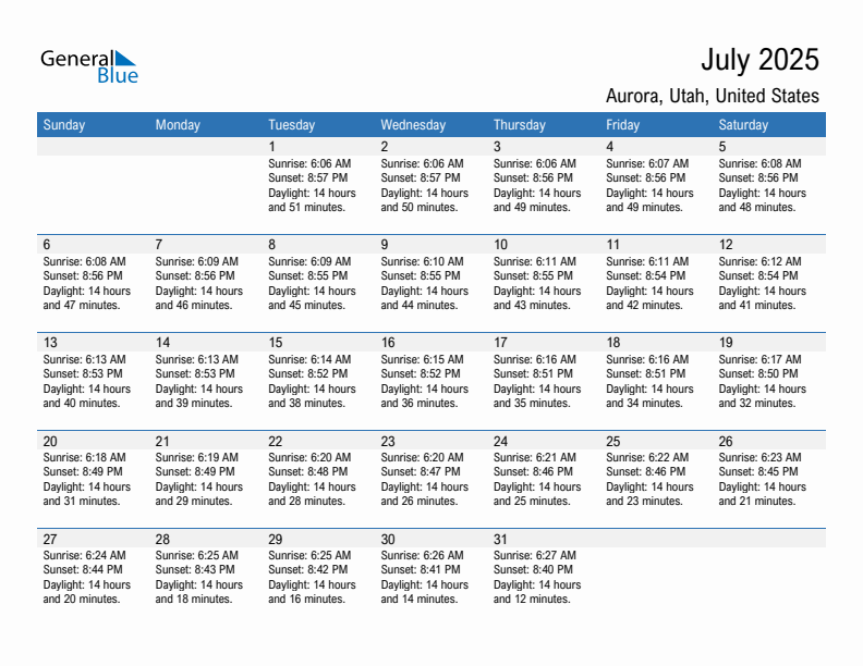 Aurora July 2025 sunrise and sunset calendar in PDF, Excel, and Word