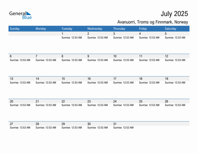 Avanuorri July 2025 sunrise and sunset calendar in PDF, Excel, and Word