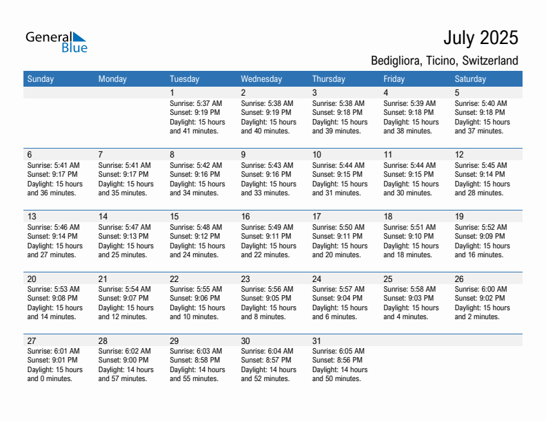 Bedigliora July 2025 sunrise and sunset calendar in PDF, Excel, and Word