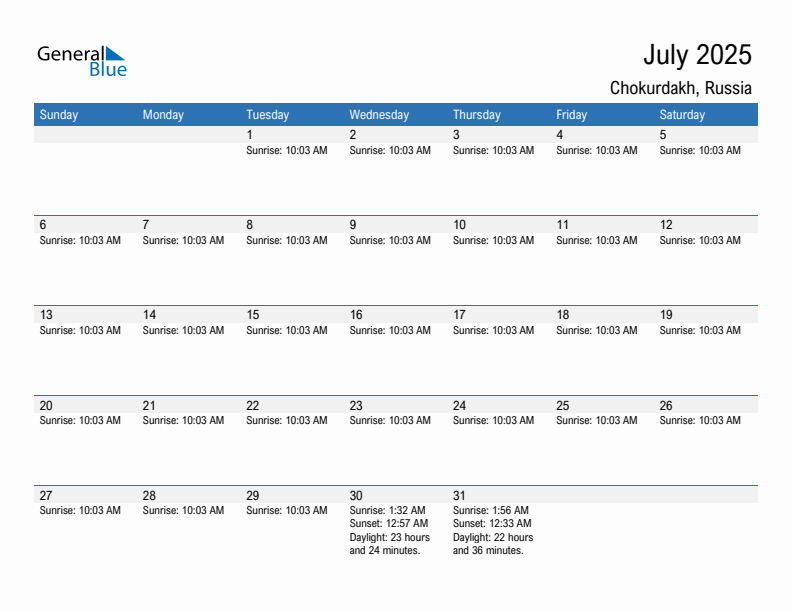 Chokurdakh July 2025 sunrise and sunset calendar in PDF, Excel, and Word