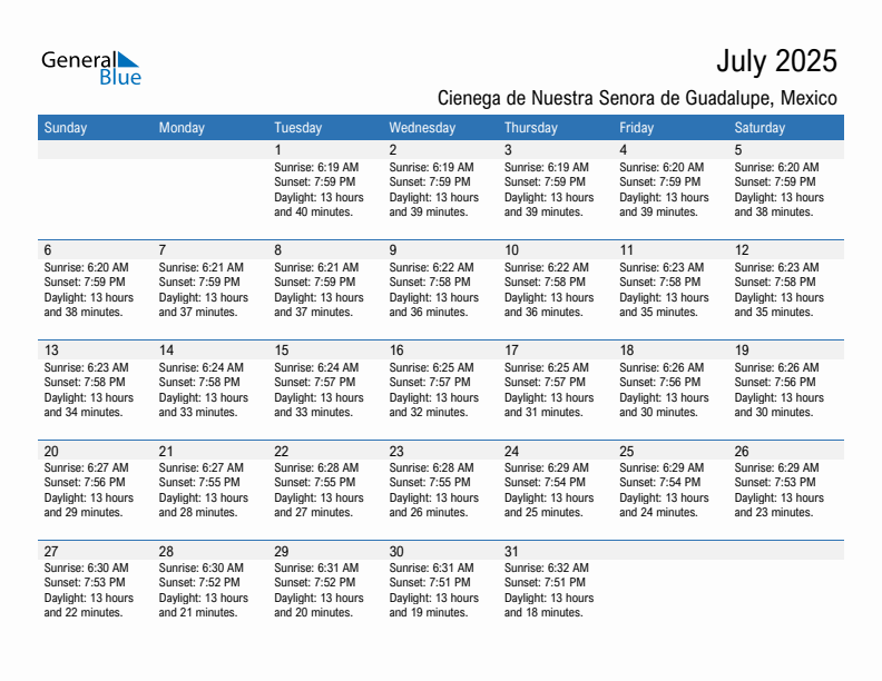 Cienega de Nuestra Senora de Guadalupe July 2025 sunrise and sunset calendar in PDF, Excel, and Word