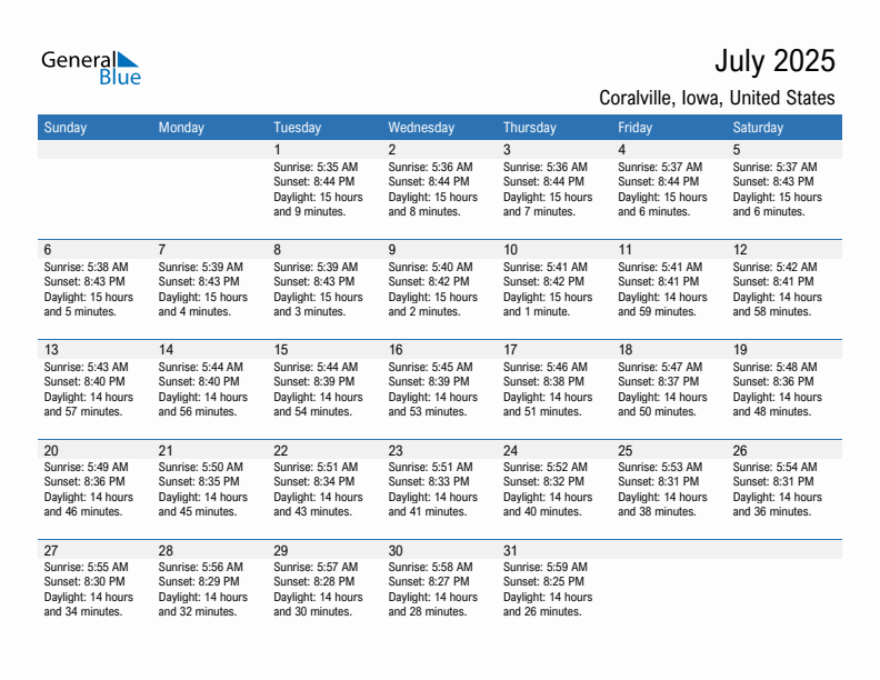 Coralville July 2025 sunrise and sunset calendar in PDF, Excel, and Word