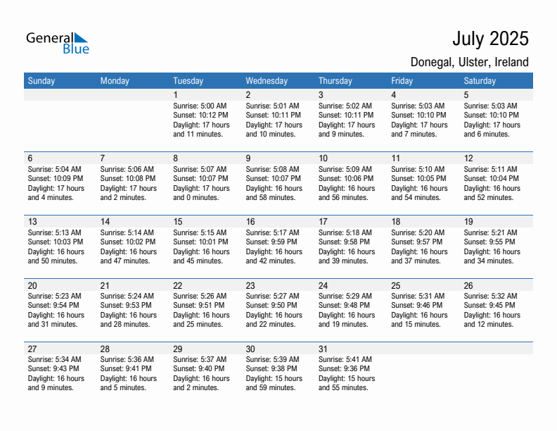 Donegal July 2025 sunrise and sunset calendar in PDF, Excel, and Word