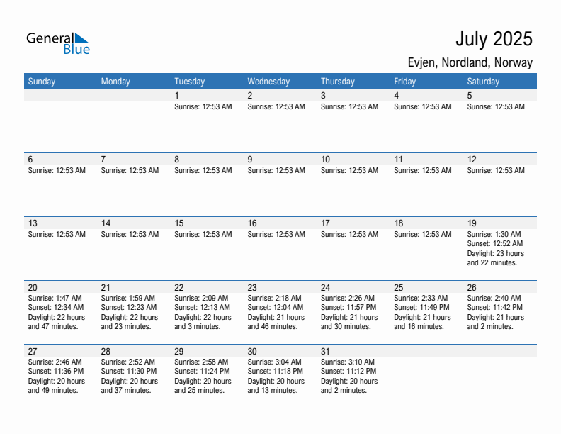 Evjen July 2025 sunrise and sunset calendar in PDF, Excel, and Word