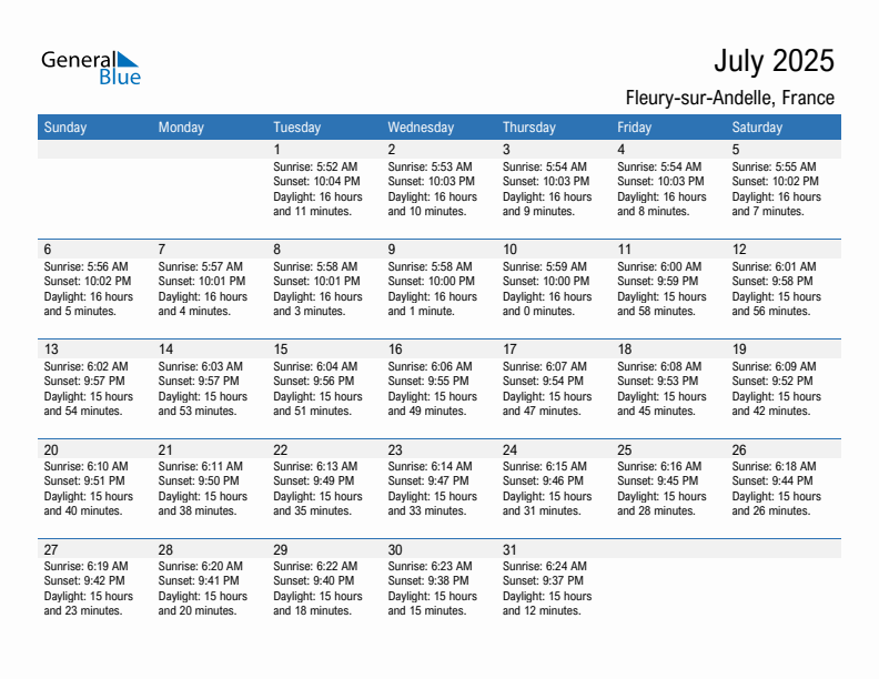 Fleury-sur-Andelle July 2025 sunrise and sunset calendar in PDF, Excel, and Word