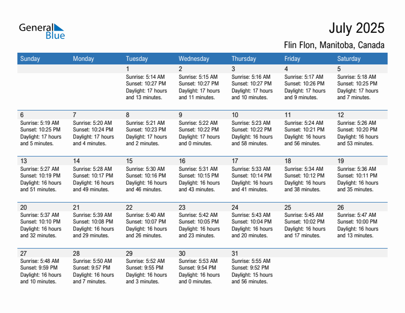 Flin Flon July 2025 sunrise and sunset calendar in PDF, Excel, and Word