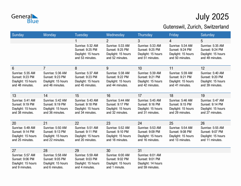 Gutenswil July 2025 sunrise and sunset calendar in PDF, Excel, and Word