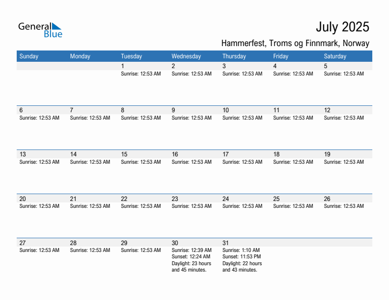 Hammerfest July 2025 sunrise and sunset calendar in PDF, Excel, and Word