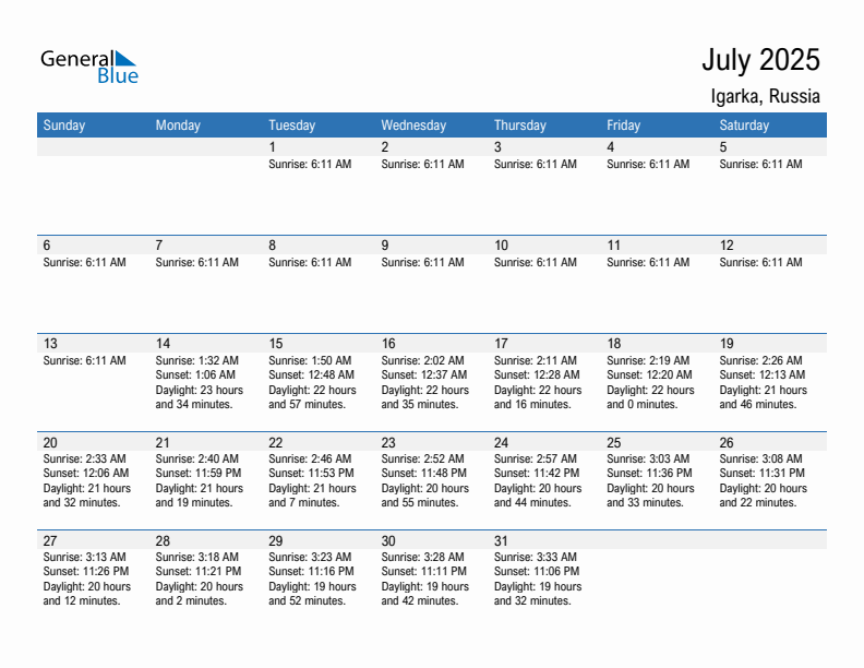 Igarka July 2025 sunrise and sunset calendar in PDF, Excel, and Word