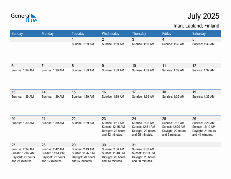 Inari July 2025 sunrise and sunset calendar in PDF, Excel, and Word