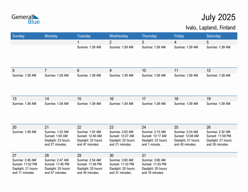 Ivalo July 2025 sunrise and sunset calendar in PDF, Excel, and Word