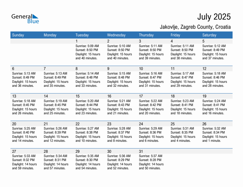 Jakovlje July 2025 sunrise and sunset calendar in PDF, Excel, and Word