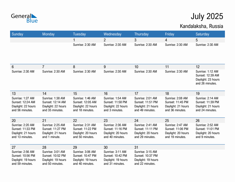 Kandalaksha July 2025 sunrise and sunset calendar in PDF, Excel, and Word