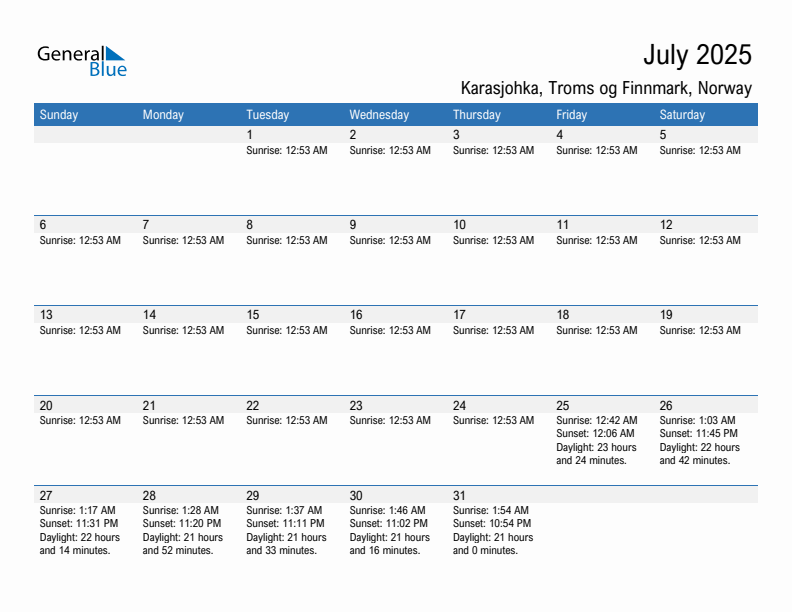 Karasjohka July 2025 sunrise and sunset calendar in PDF, Excel, and Word